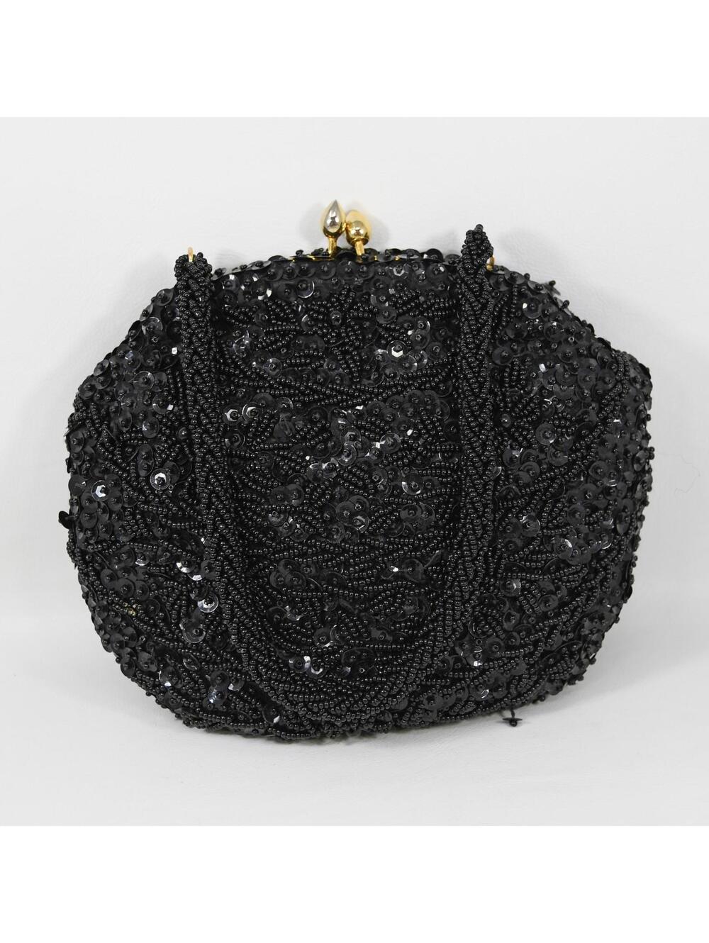 Vtg Black Beaded Sequined Purse Evening Hand Bag Clutch Gold Tone Clasp Art Deco